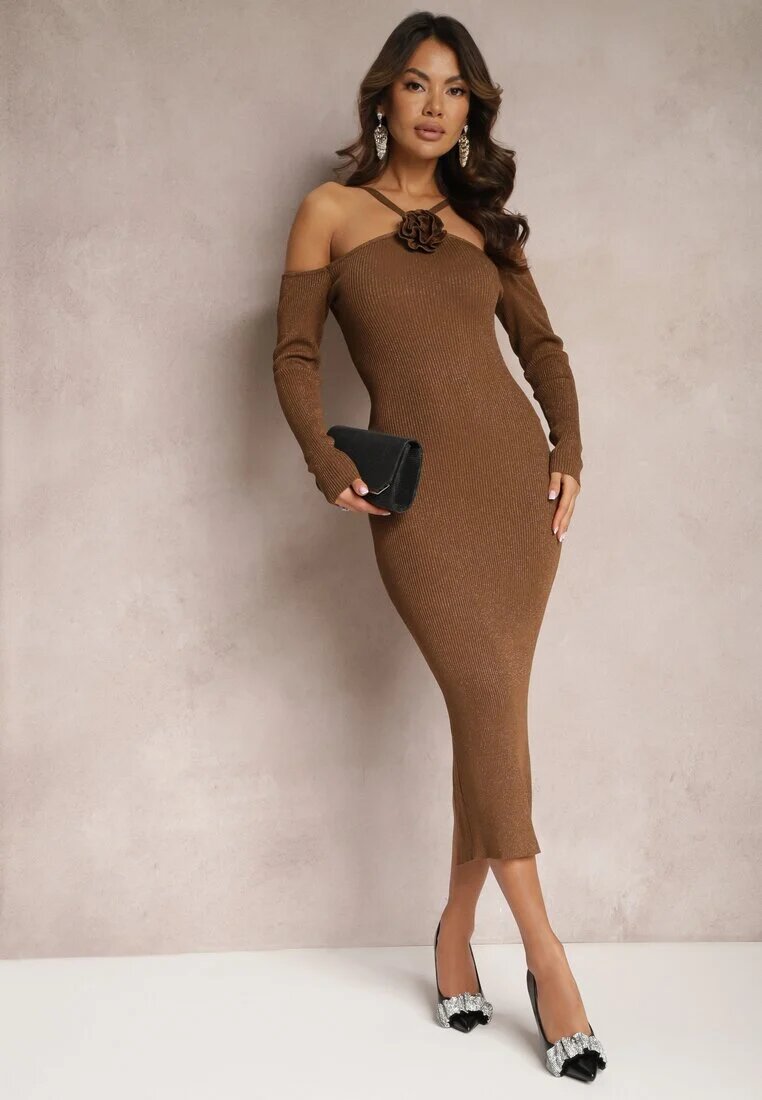 lovery Rochie Maro închis Reiată Midi Decorată cu fir metalic și cu floare Zorella