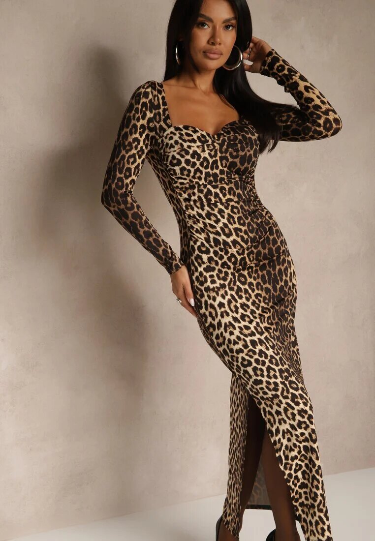 lovery Rochie Maro Leopard Drapată cu croi mulat cu crăpătură decorativă Selavira
