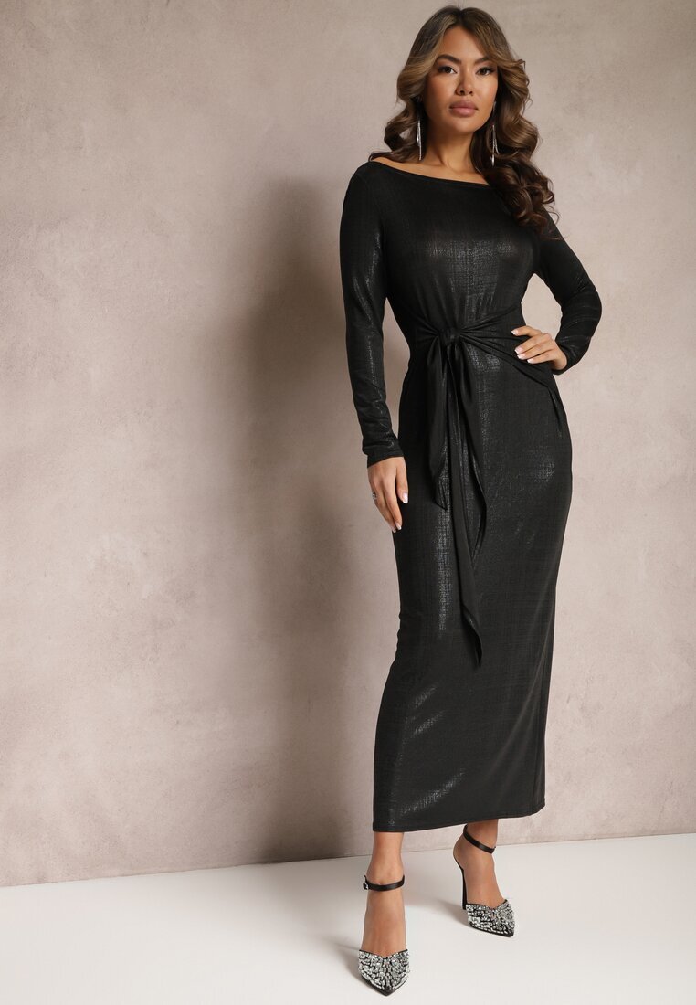 lovery Rochie Maxi Strălucitoare Neagră cu Cordon Graice