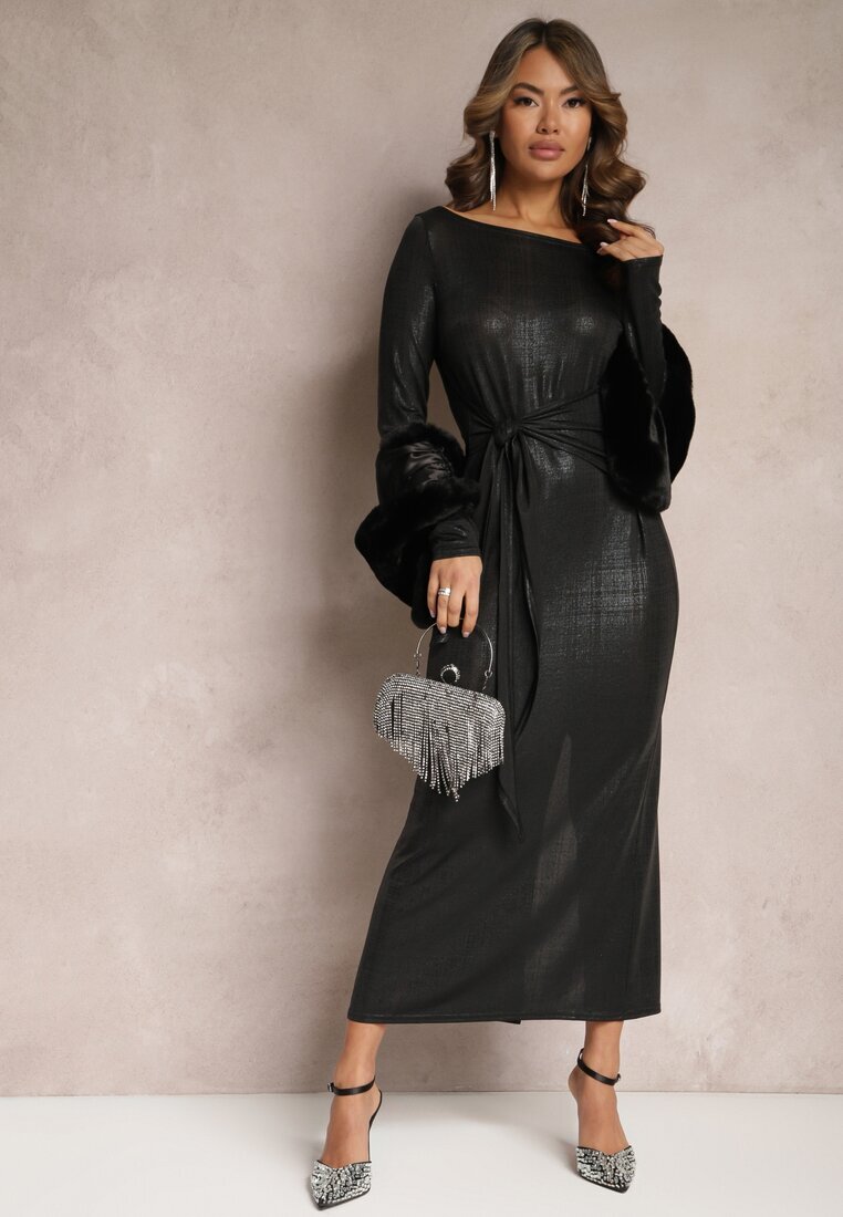 lovery Rochie Maxi Strălucitoare Neagră cu Cordon Graice