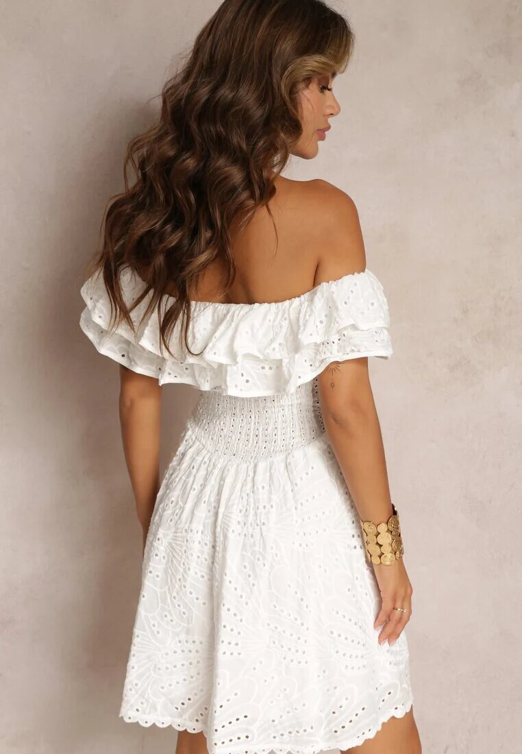 lovery Rochie Mini Albă Brodată cu Decolteu Spaniol și Elastic în Talie Nissi