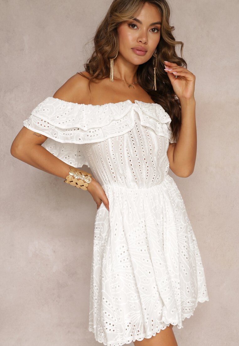 lovery Rochie Mini Albă Brodată cu Decolteu Spaniol și Elastic în Talie Nissi