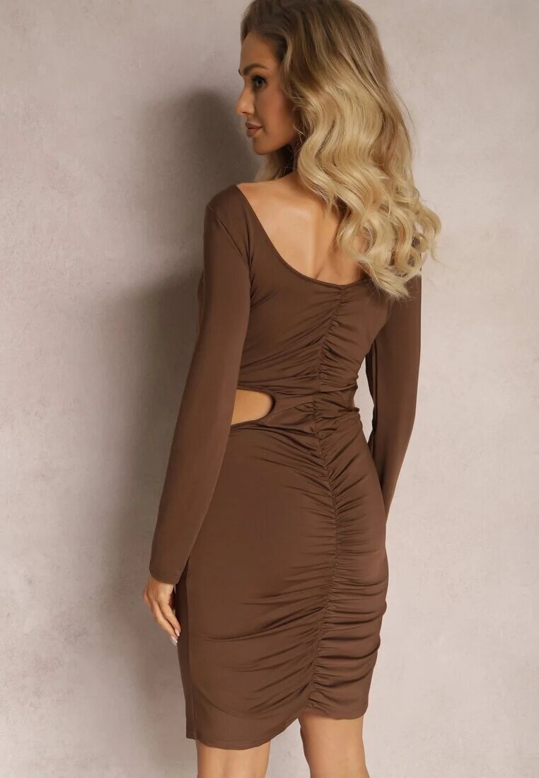 lovery Rochie Mini Mulată Maro cu Decupaje Drapaje și Floare Vitorda