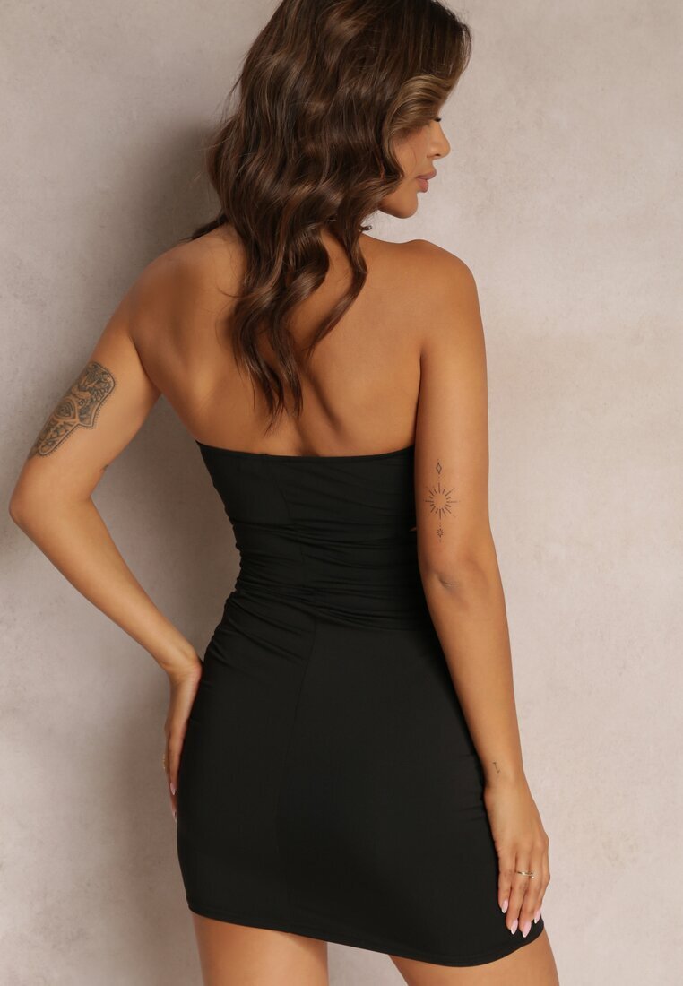 lovery Rochie Mini Neagră Drapată Mulată cu Flori Decorative Fără Bretele Sherid