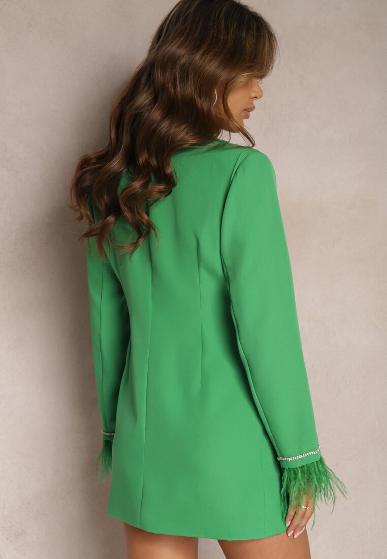 lovery Rochie Mini Sacou Cambrată Verde cu Pene și Zirconii Cammano