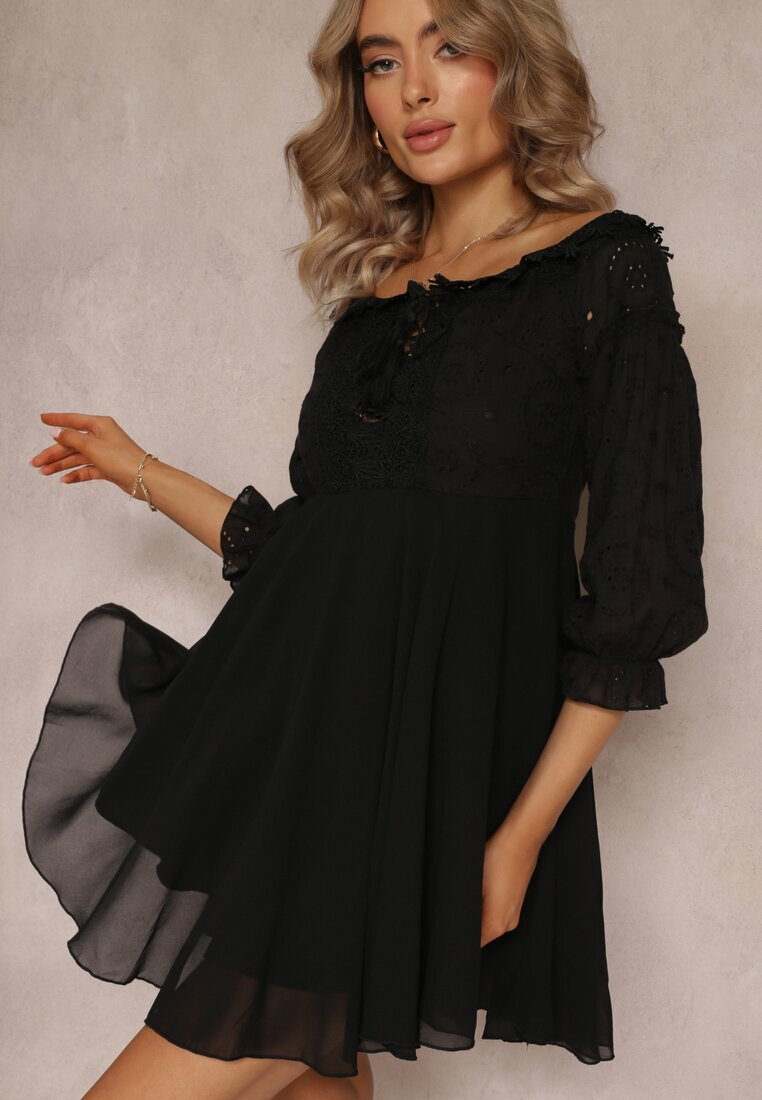 lovery Rochie Neagră cu Mâneci 7/8 și Dantelă Decorativă Cascantha