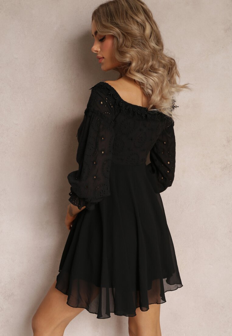 lovery Rochie Neagră cu Mâneci 7/8 și Dantelă Decorativă Cascantha