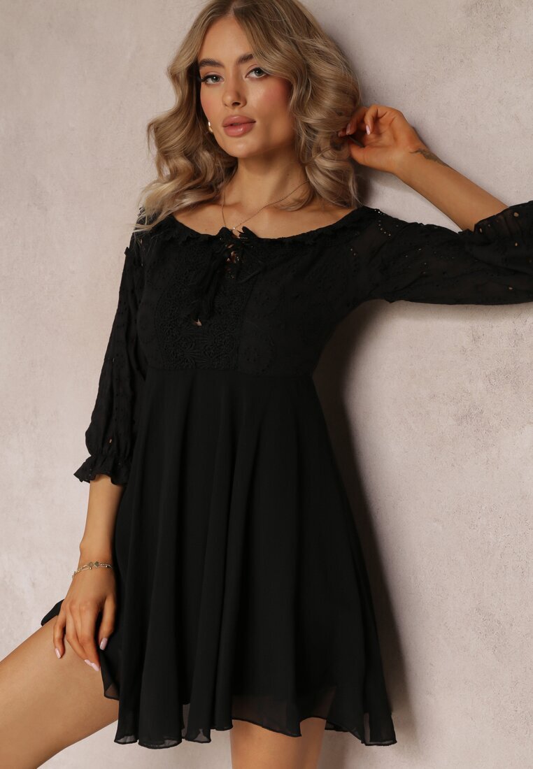 lovery Rochie Neagră cu Mâneci 7/8 și Dantelă Decorativă Cascantha