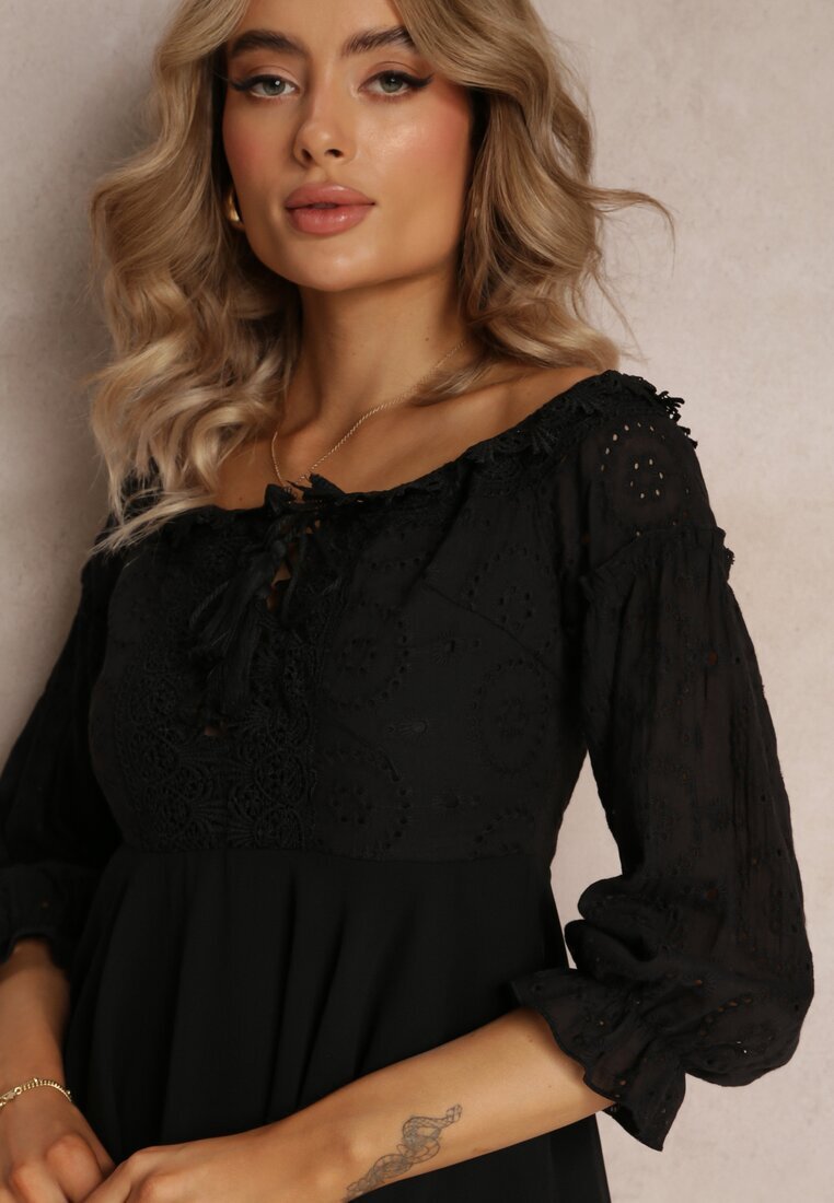 lovery Rochie Neagră cu Mâneci 7/8 și Dantelă Decorativă Cascantha