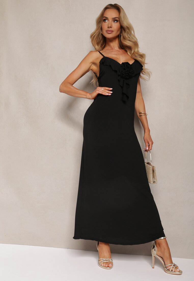 lovery Rochie Neagră de cocktail mulată cu broșă floare decorativă și volan Vikassa