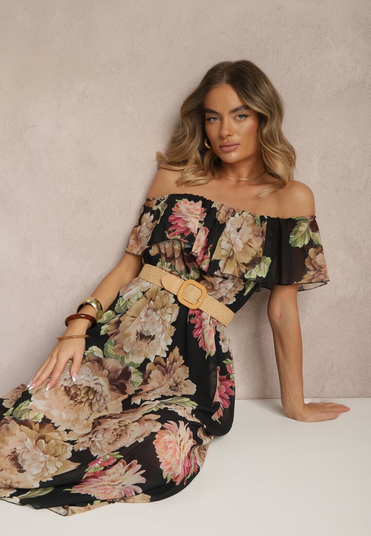 lovery Rochie Neagră Spaniolă cu Imprimeu Floral și Curea Împletită Sadeene