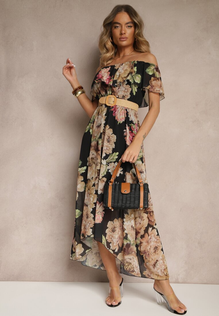 lovery Rochie Neagră Spaniolă cu Imprimeu Floral și Curea Împletită Sadeene