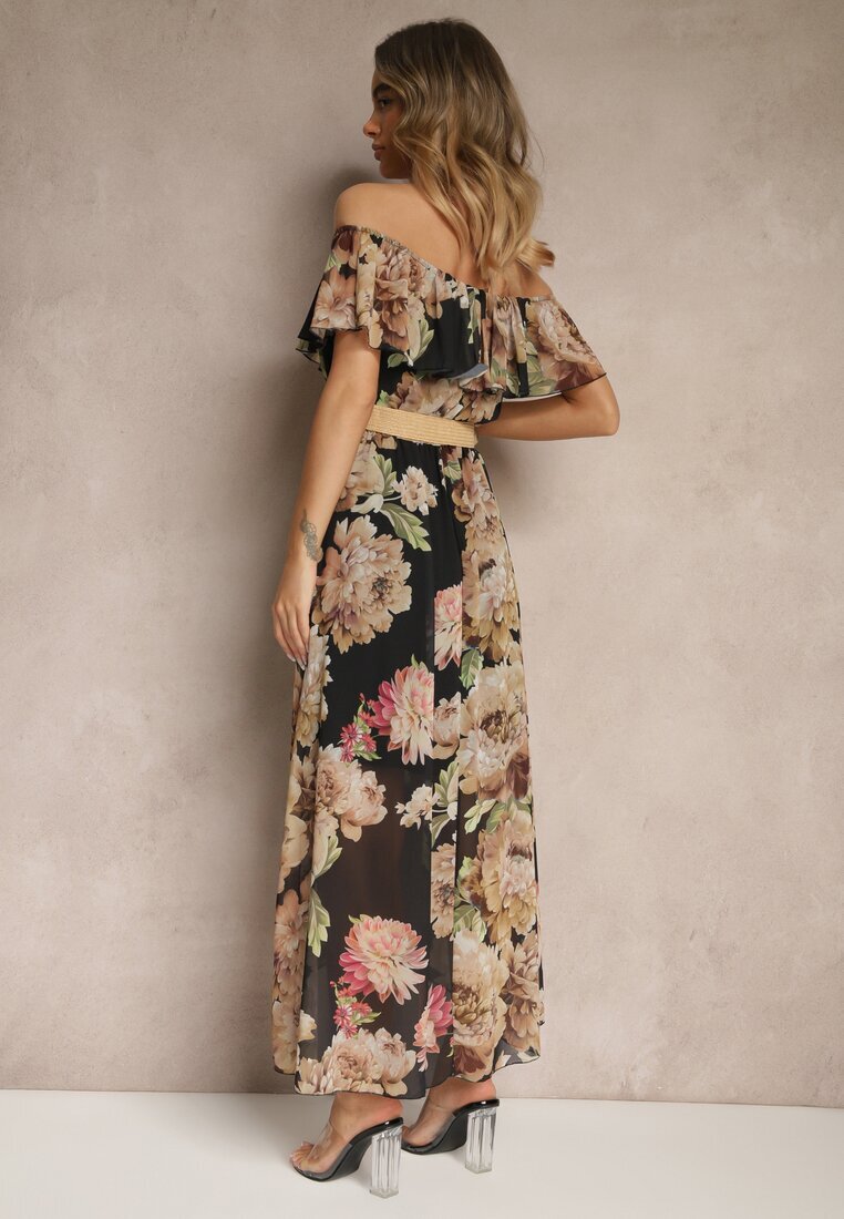 lovery Rochie Neagră Spaniolă cu Imprimeu Floral și Curea Împletită Sadeene