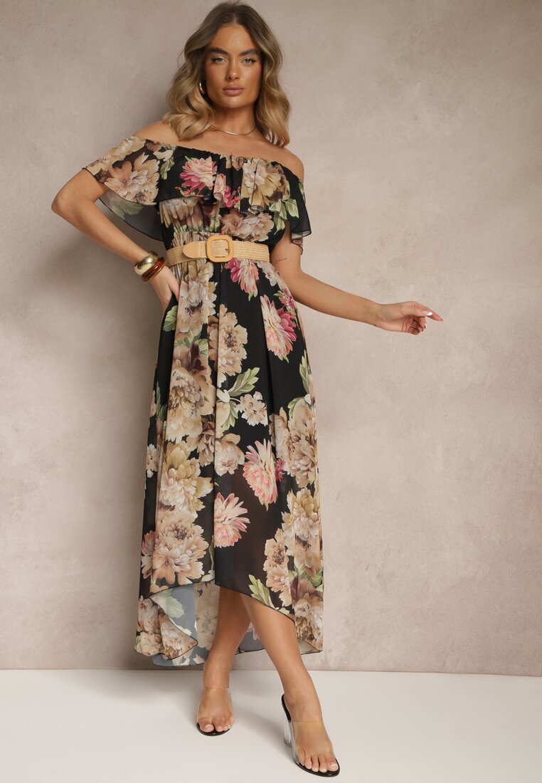lovery Rochie Neagră Spaniolă cu Imprimeu Floral și Curea Împletită Sadeene