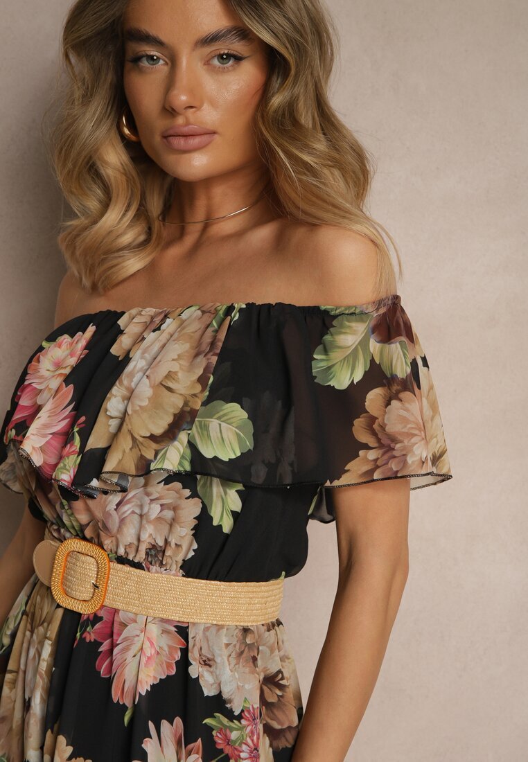 lovery Rochie Neagră Spaniolă cu Imprimeu Floral și Curea Împletită Sadeene