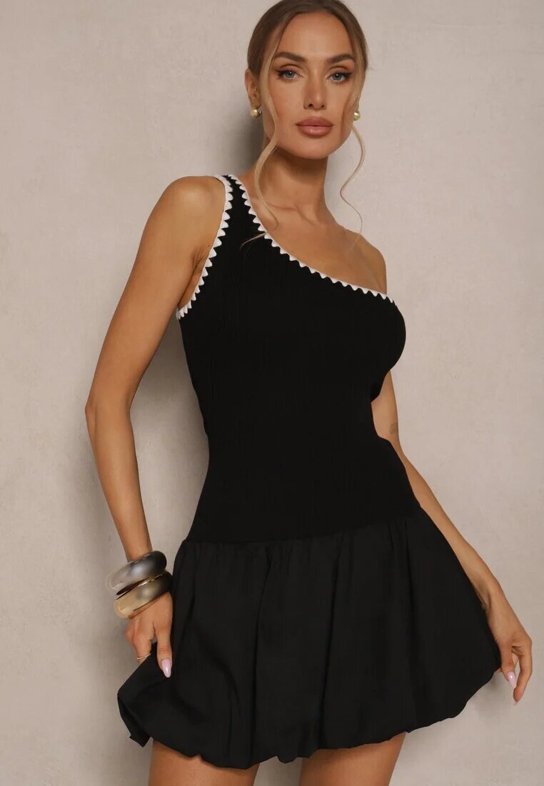 lovery Rochie neagră tip balon cu un singur umăr cu bordură decorativă Amovia