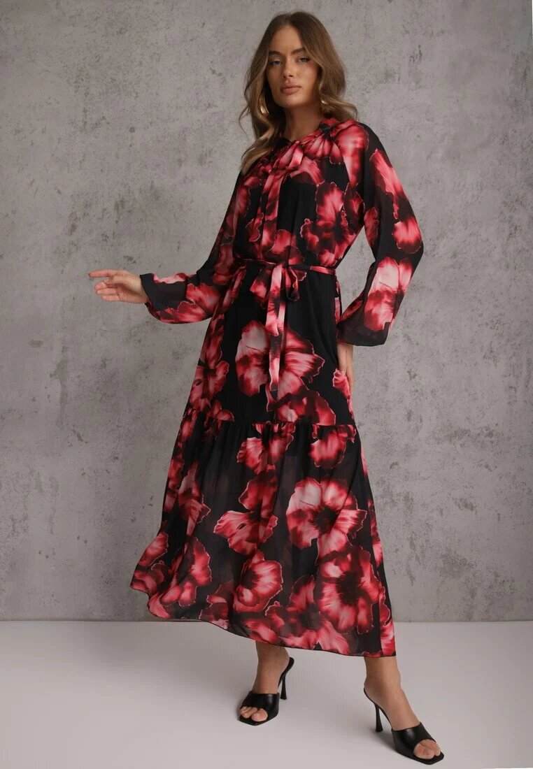 lovery Rochie Negru-Roșie cu croială dreaptă cu imprimeu floral decorată cu centură Acexia