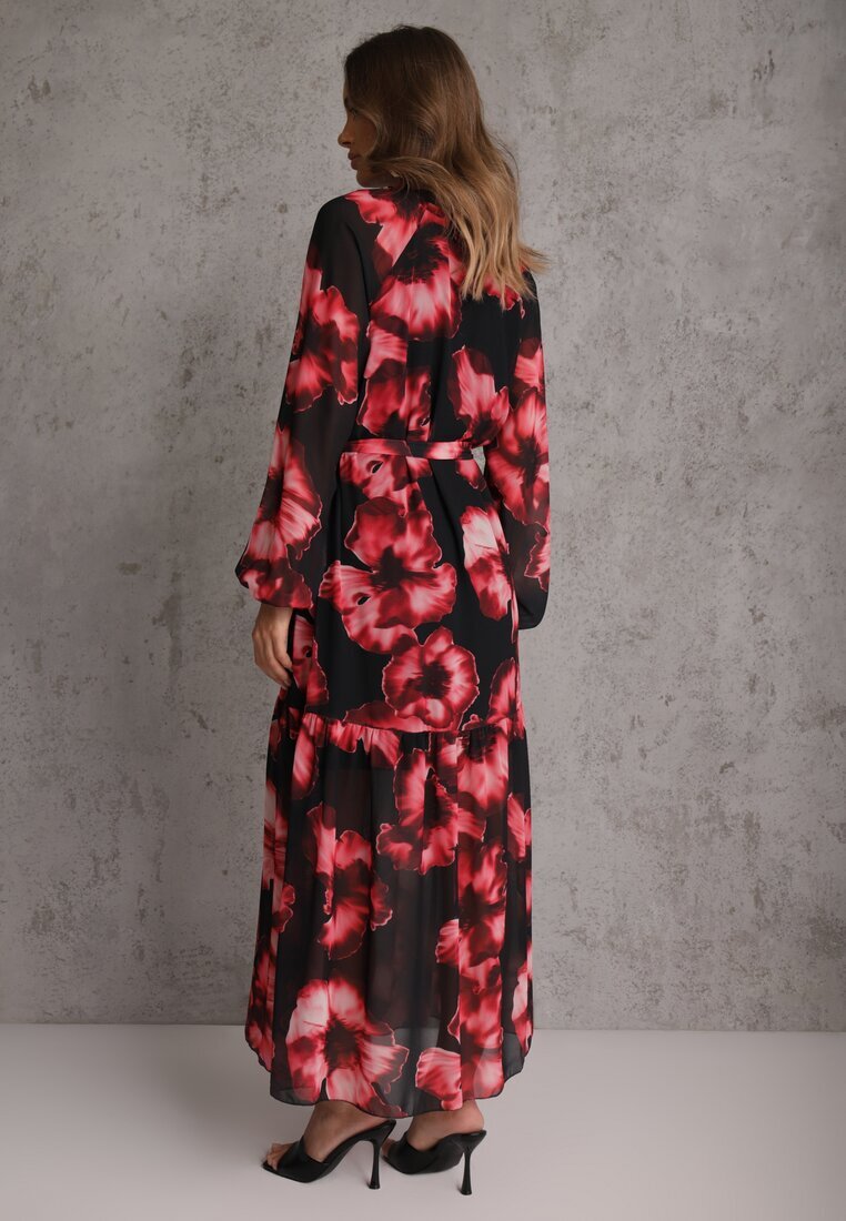 lovery Rochie Negru-Roșie cu croială dreaptă cu imprimeu floral decorată cu centură Acexia