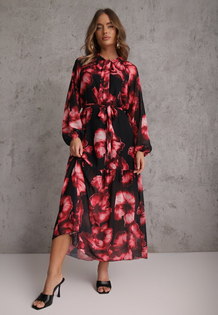 lovery Rochie Negru-Roșie cu croială dreaptă cu imprimeu floral decorată cu centură Acexia