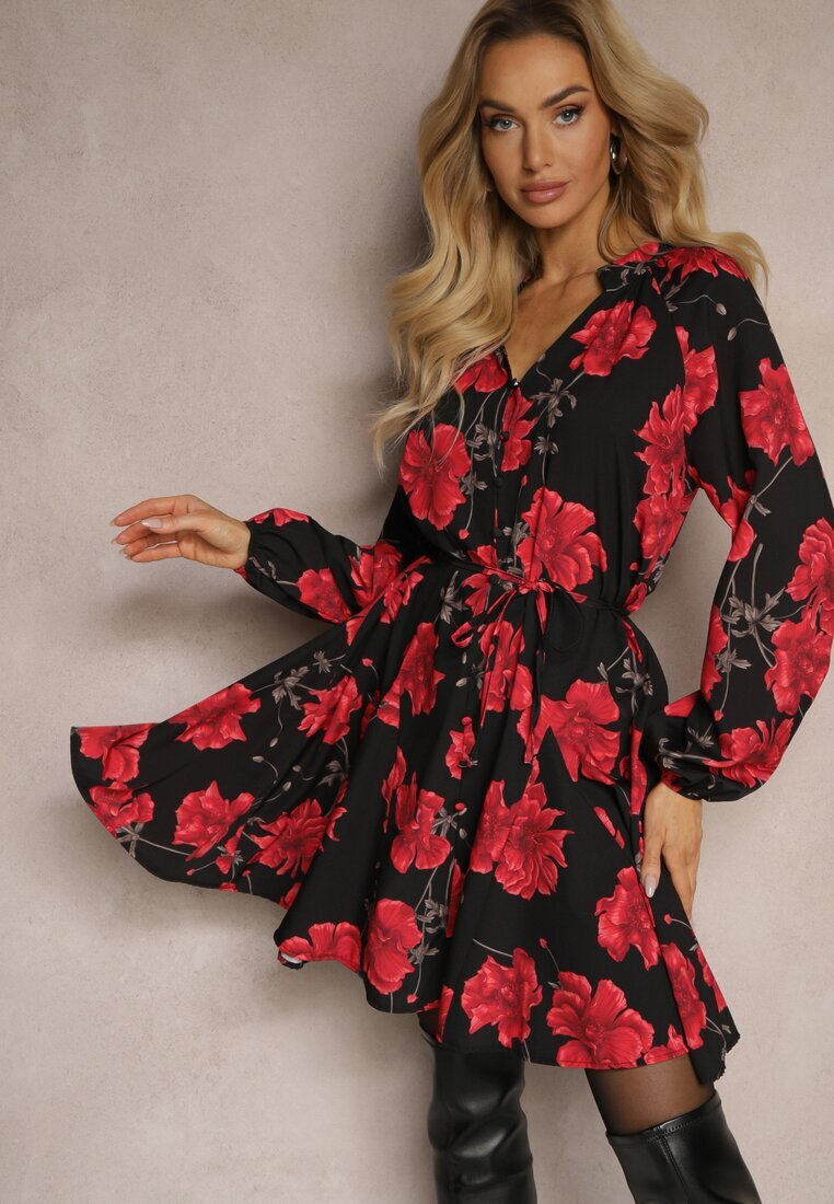 lovery Rochie Negru-Roșie cu Imprimeu Floral cu Croială Evazată cu Legătură în Talie Ameriana