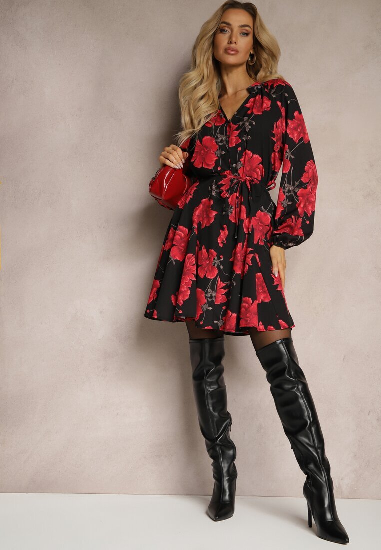 lovery Rochie Negru-Roșie cu Imprimeu Floral cu Croială Evazată cu Legătură în Talie Ameriana