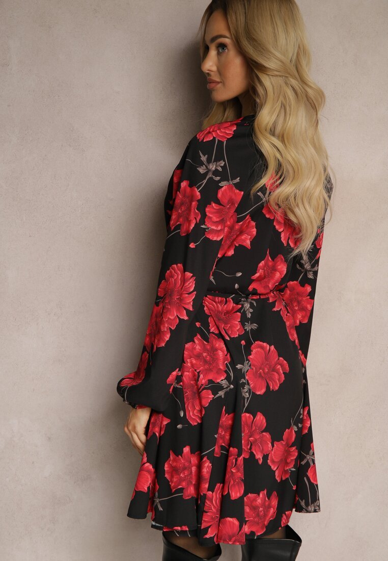 lovery Rochie Negru-Roșie cu Imprimeu Floral cu Croială Evazată cu Legătură în Talie Ameriana