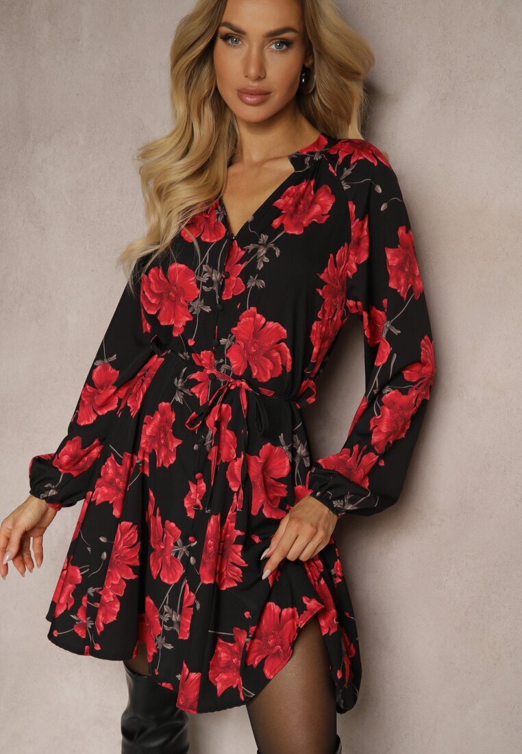 lovery Rochie Negru-Roșie cu Imprimeu Floral cu Croială Evazată cu Legătură în Talie Ameriana
