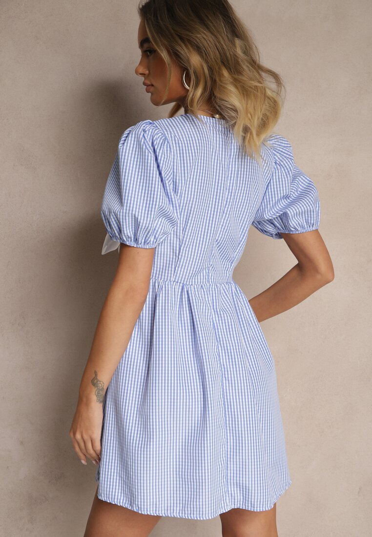 lovery Rochie Retro Albastru deschis cu carouri Vichy cu croi evazat cu legătură Temarea