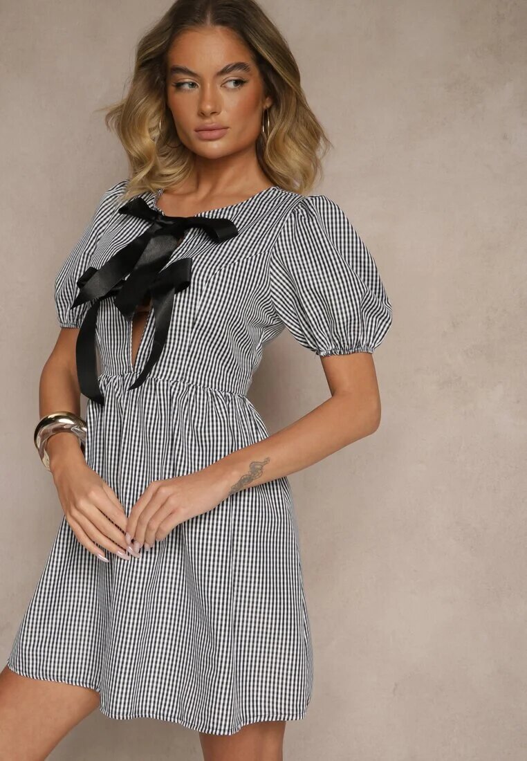 lovery Rochie Retro Neagră în carouri Vichy cu croi evazat cu legătură Temarea