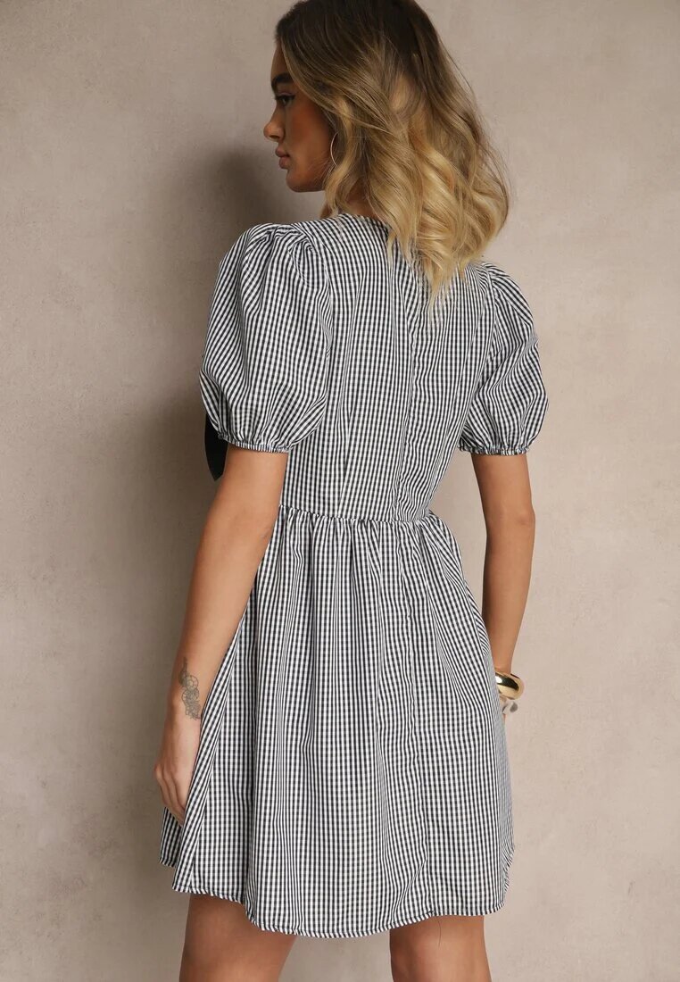 lovery Rochie Retro Neagră în carouri Vichy cu croi evazat cu legătură Temarea