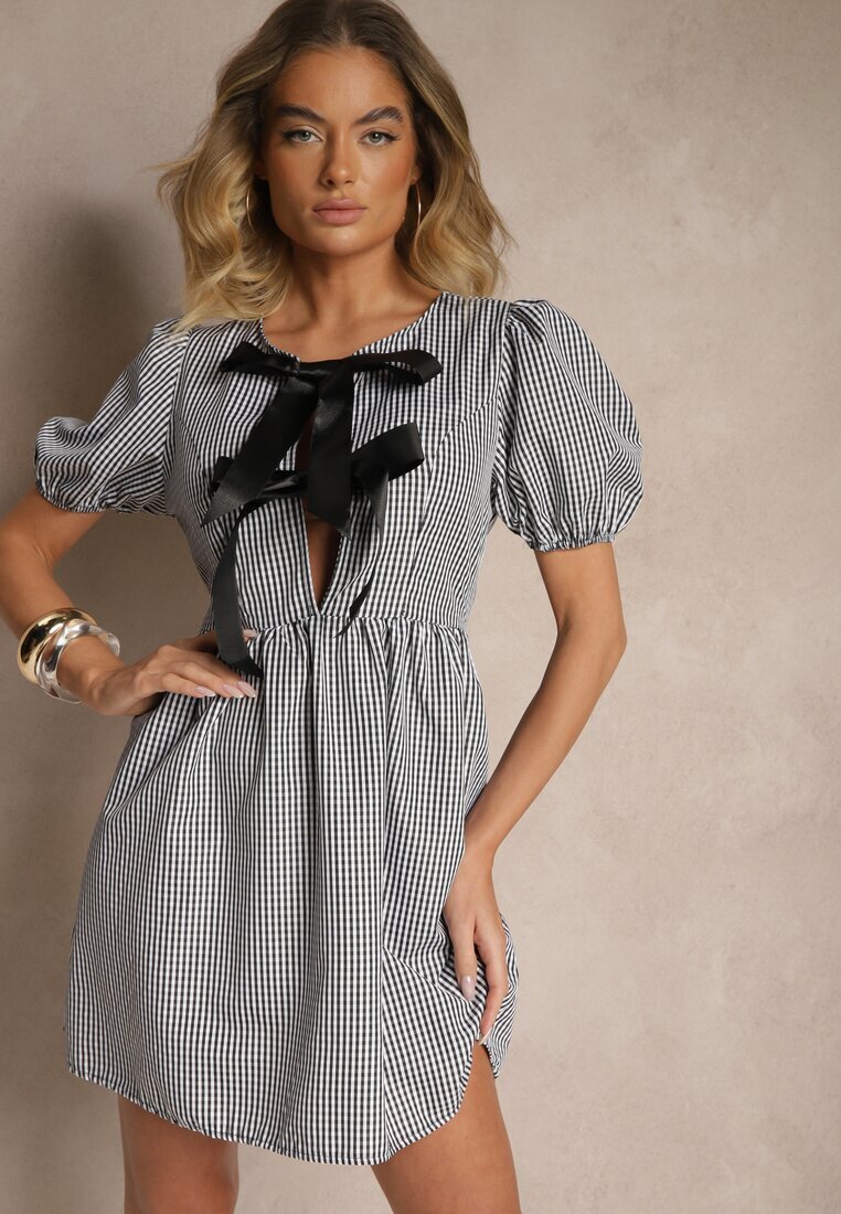 lovery Rochie Retro Neagră în carouri Vichy cu croi evazat cu legătură Temarea