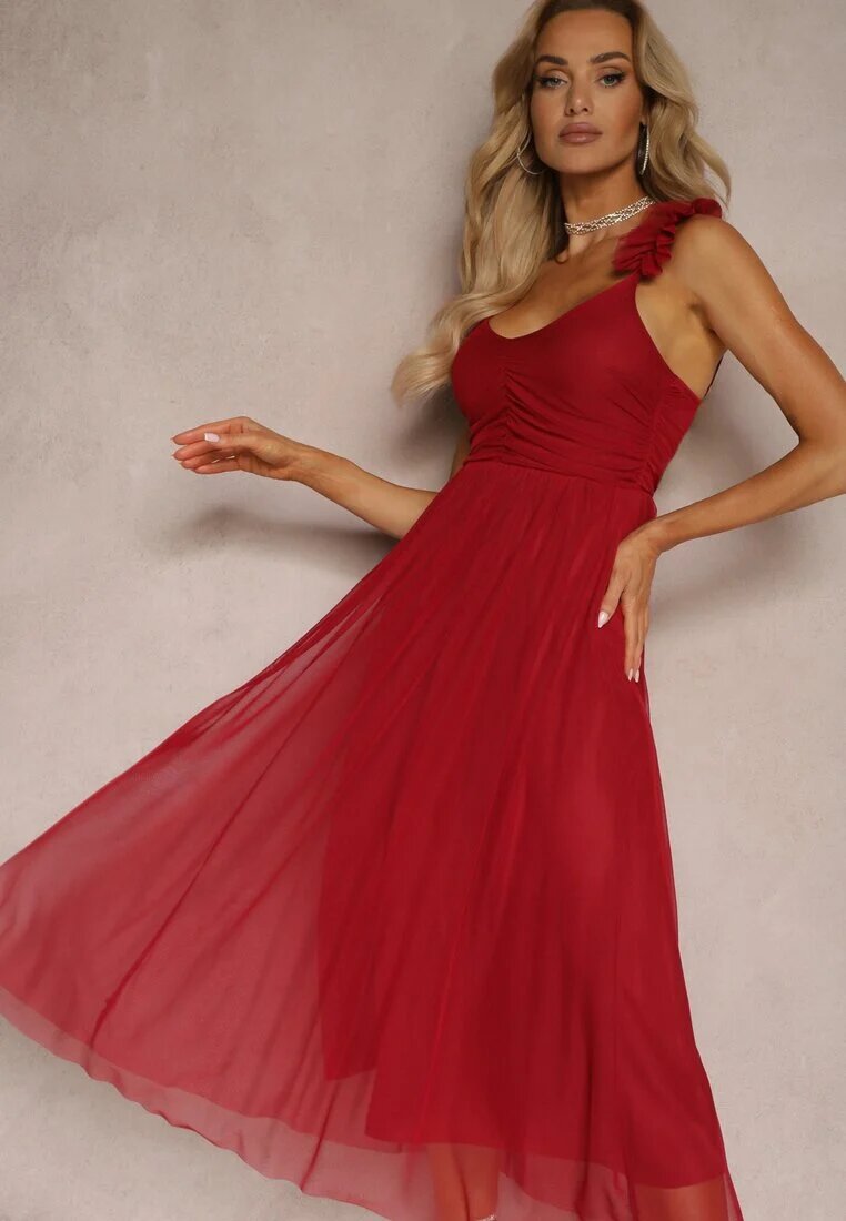 lovery Rochie Roșie Clopot Cu bretele Cu elastic în talie Cu volane Zafara