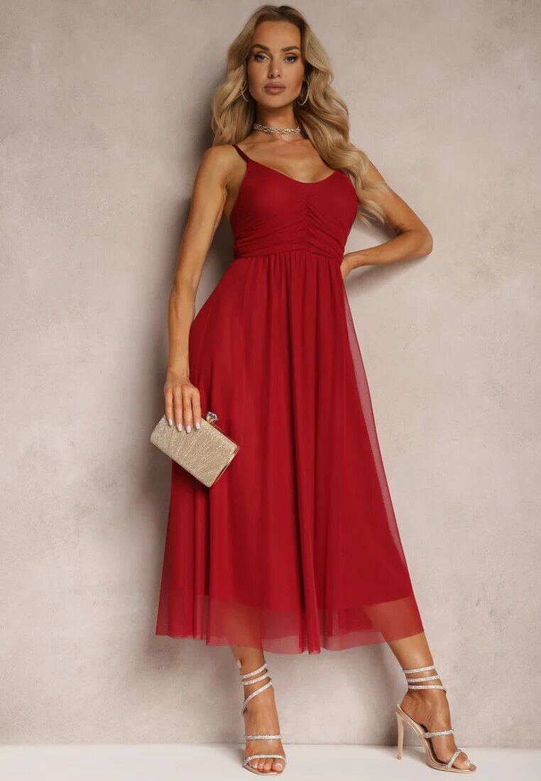 lovery Rochie Roșie Clopot Cu bretele Cu elastic în talie Cu volane Zafara