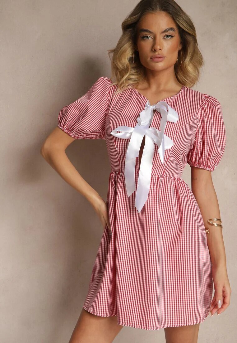 lovery Rochie Roșie Retro în carouri Vichy cu croială cloș cu legătură Temarea