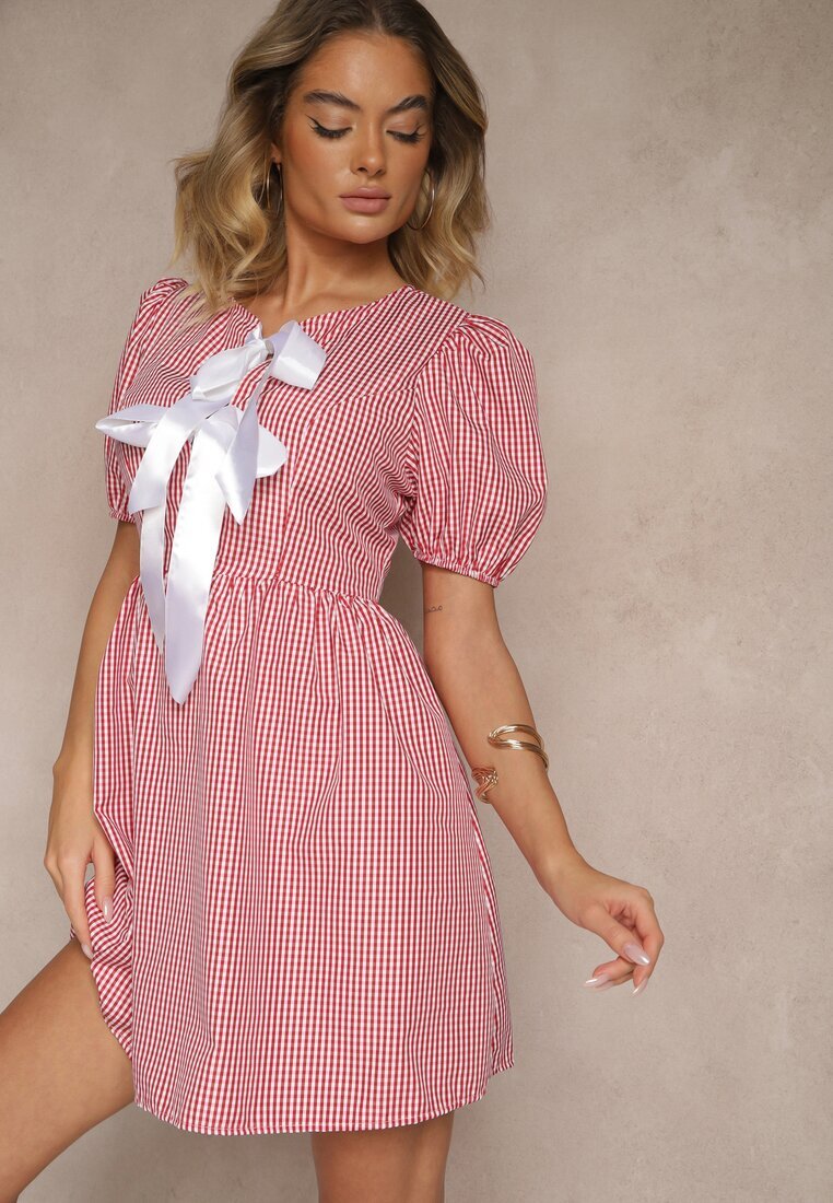 lovery Rochie Roșie Retro în carouri Vichy cu croială cloș cu legătură Temarea