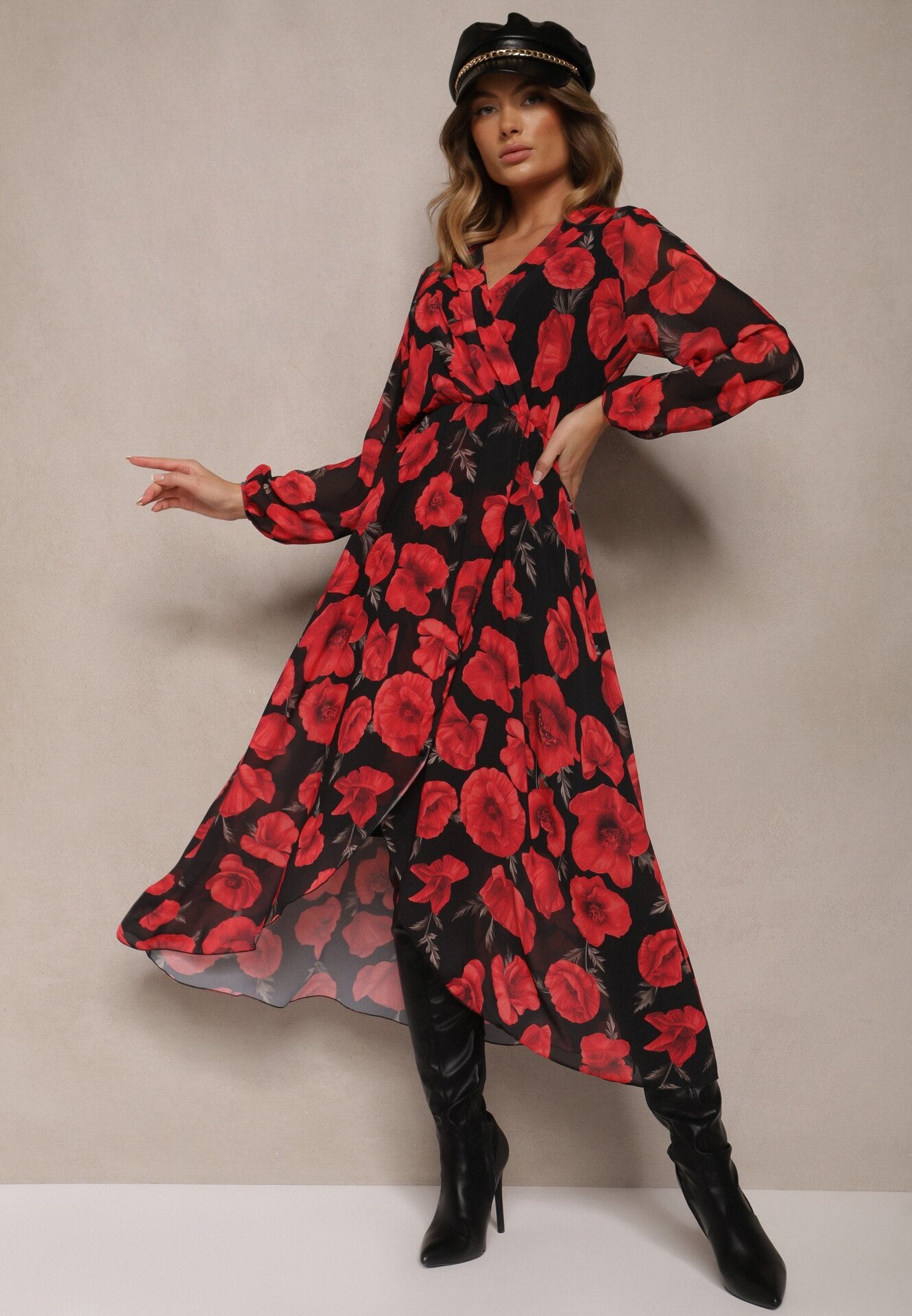 lovery Rochie Roșu-Negru Asimetrică Florală cu Decolteu Petrecut și Elastic în Talie Viradi