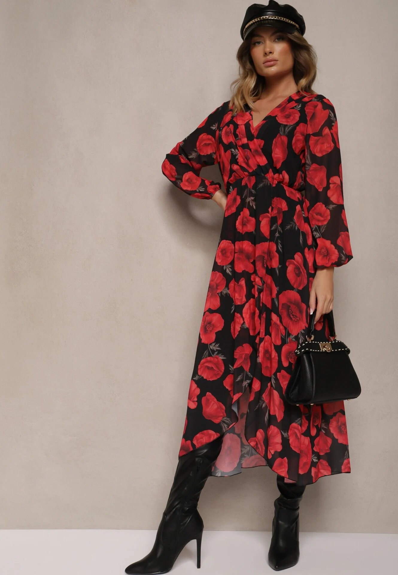 lovery Rochie Roșu-Negru Asimetrică Florală cu Decolteu Petrecut și Elastic în Talie Viradi