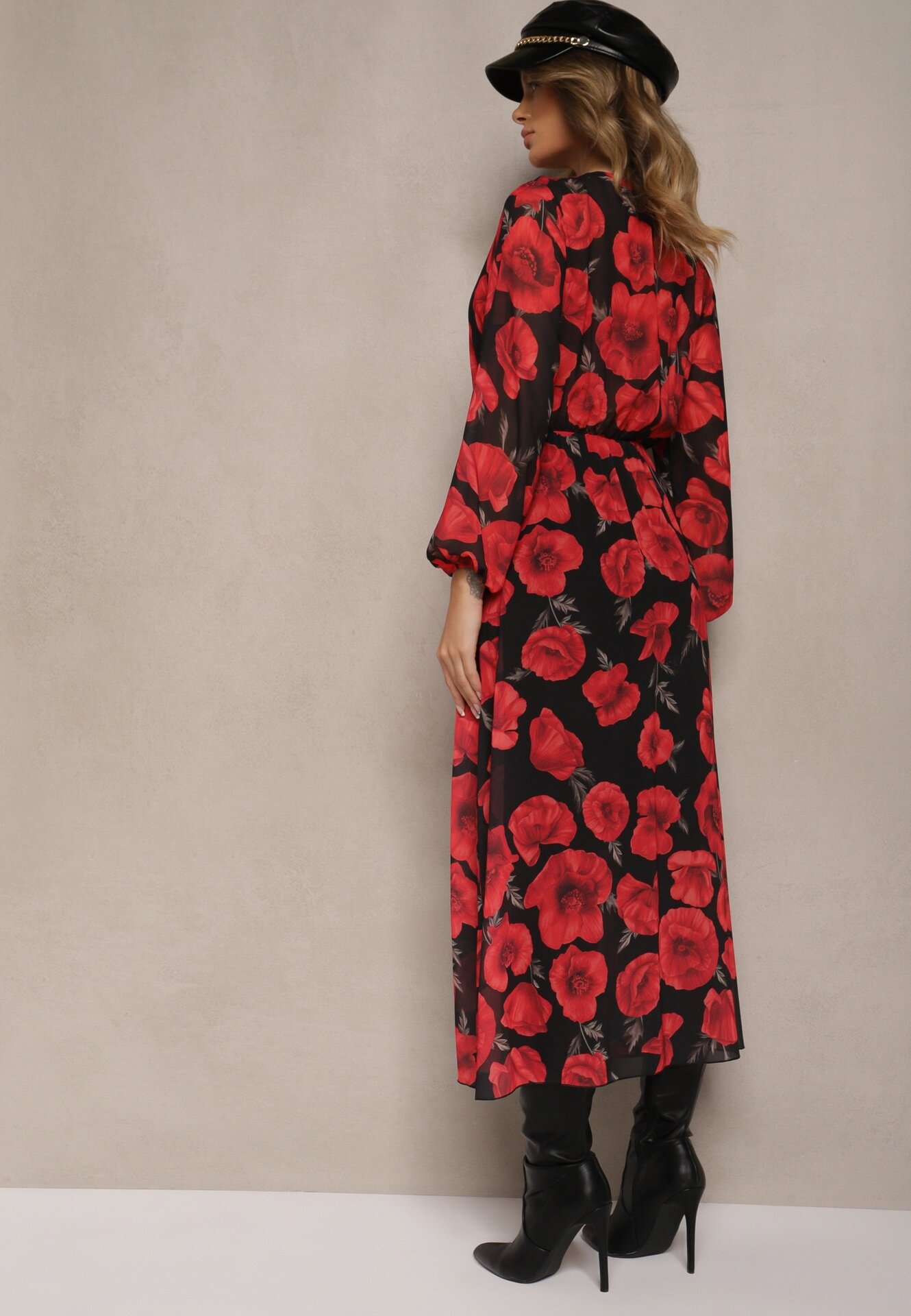 lovery Rochie Roșu-Negru Asimetrică Florală cu Decolteu Petrecut și Elastic în Talie Viradi