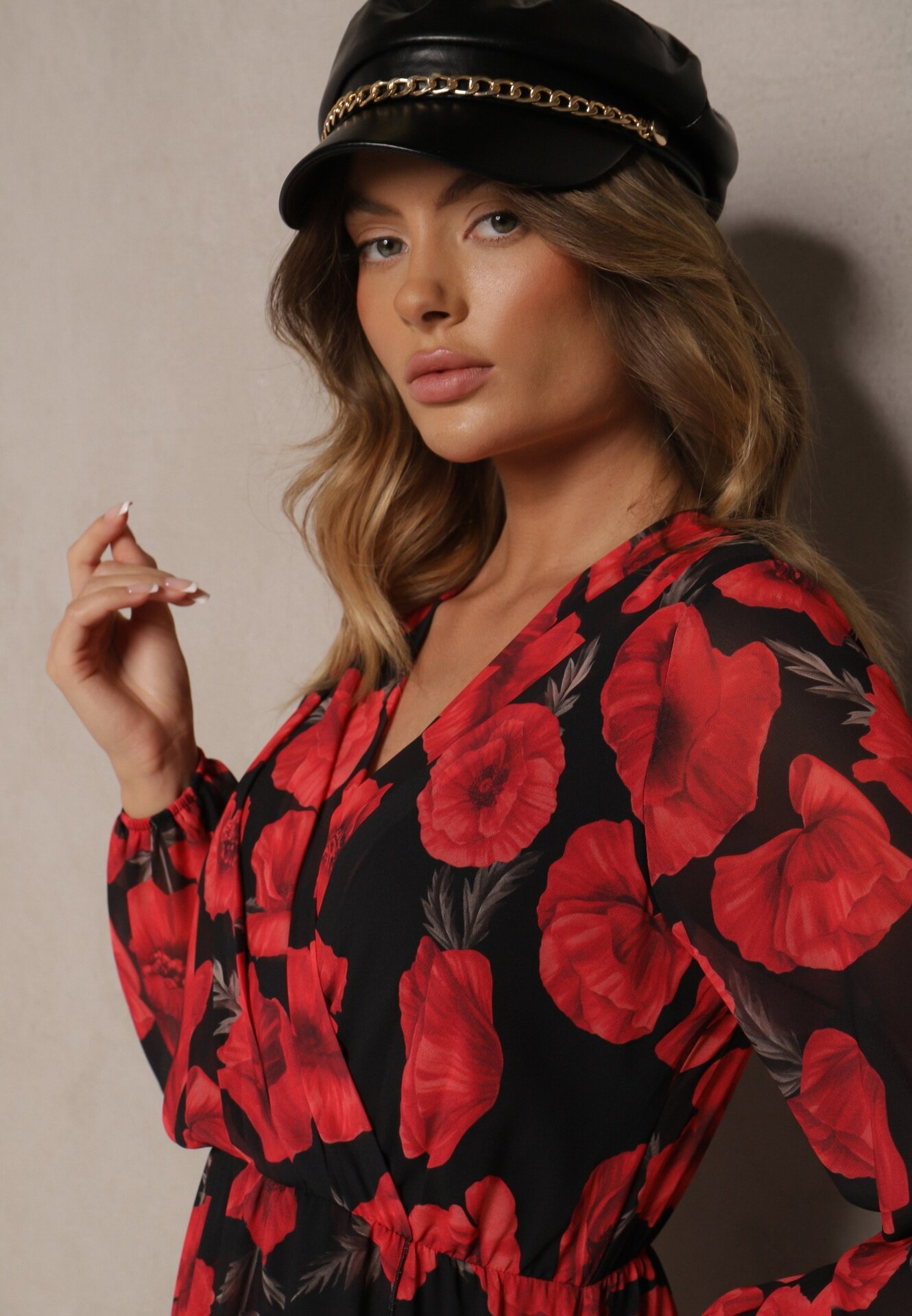 lovery Rochie Roșu-Negru Asimetrică Florală cu Decolteu Petrecut și Elastic în Talie Viradi