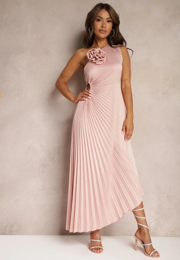lovery Rochie Roz Asimetrică cu Tiv Plisat și Aplicație în formă de Floare Fevima