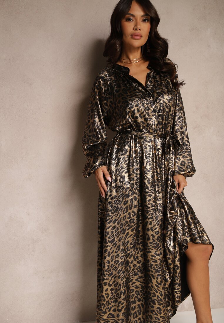 lovery Rochie Strălucitoare Negru-Auriu cu imprimeu leopard Legată în Talie Alissin