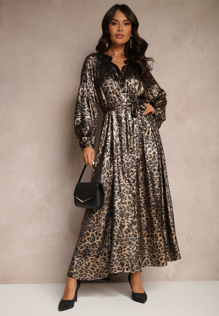lovery Rochie Strălucitoare Negru-Auriu cu imprimeu leopard Legată în Talie Alissin