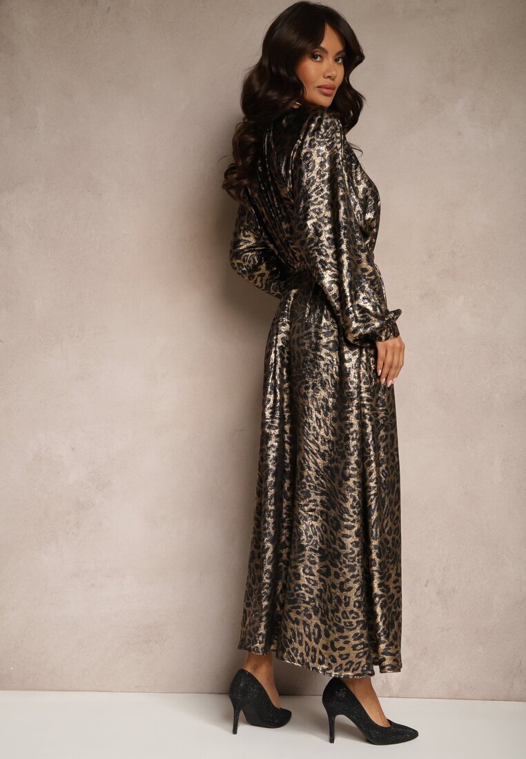 lovery Rochie Strălucitoare Negru-Auriu cu imprimeu leopard Legată în Talie Alissin