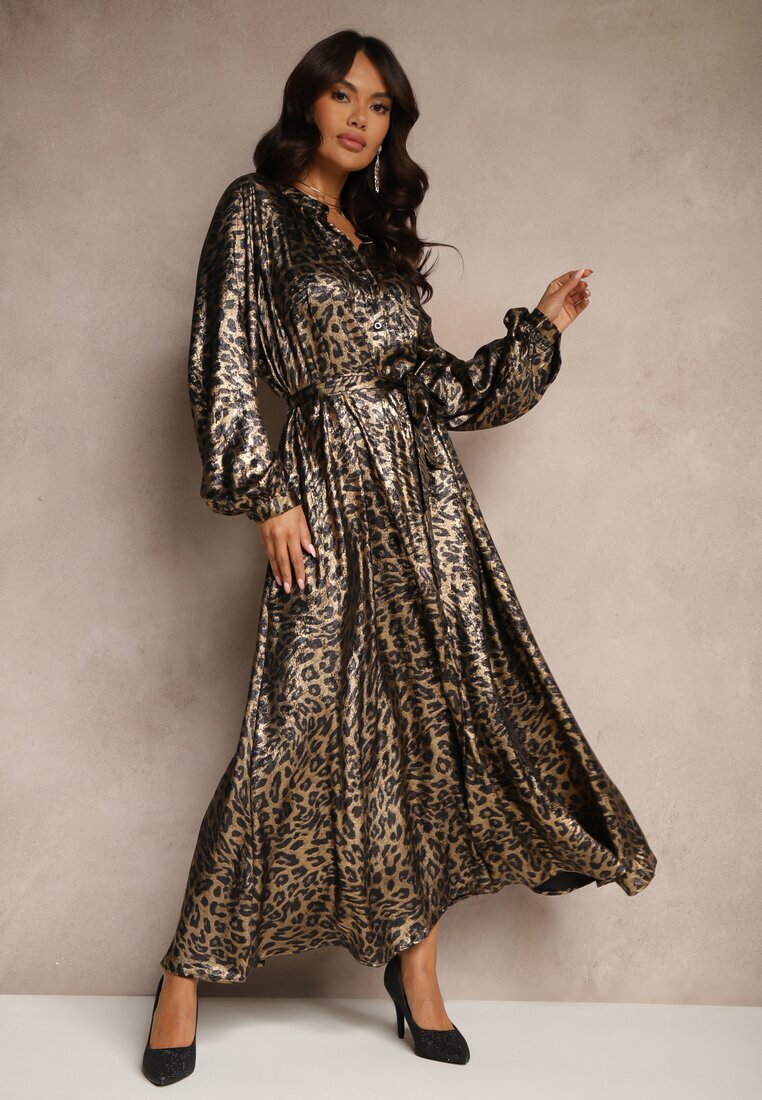 lovery Rochie Strălucitoare Negru-Auriu cu imprimeu leopard Legată în Talie Alissin