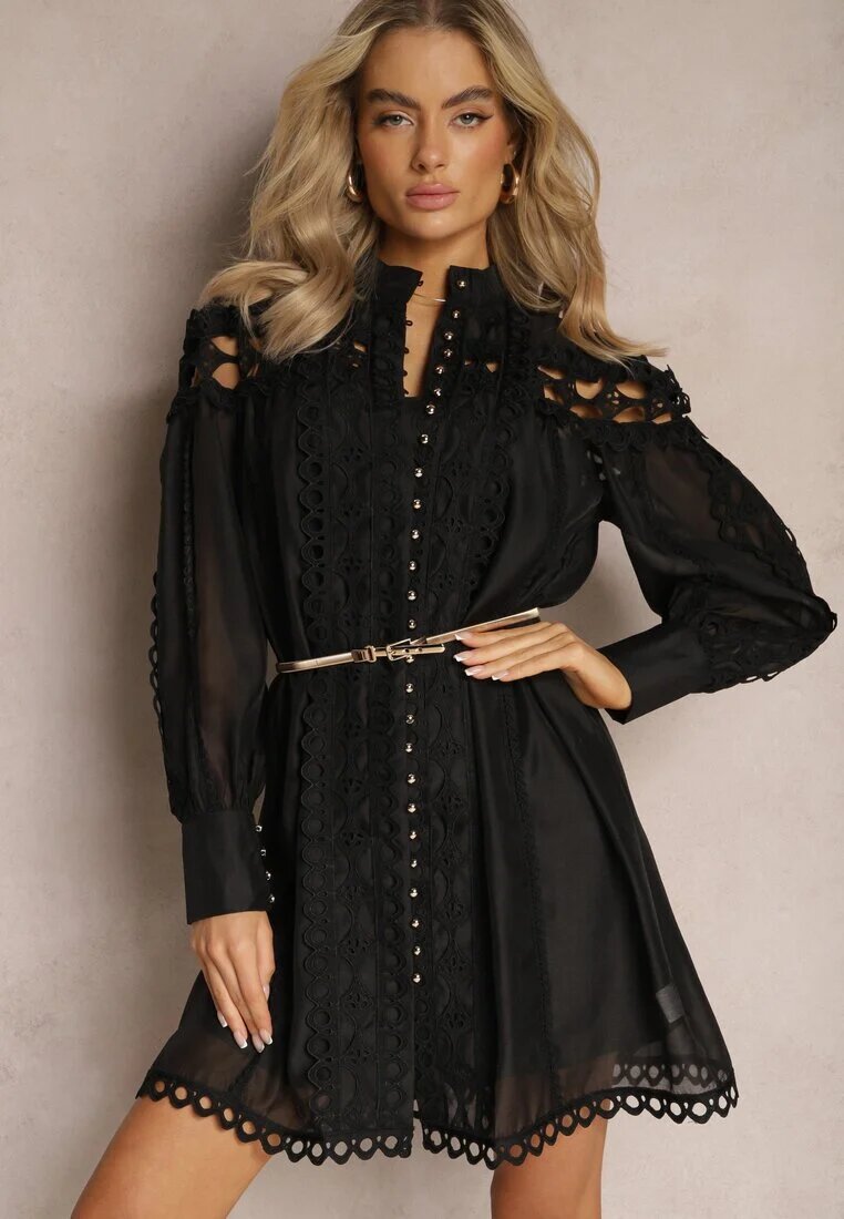 lovery Rochie tip cămașă Neagră Mini cu Centură Decorată cu Dantelă din Organdi