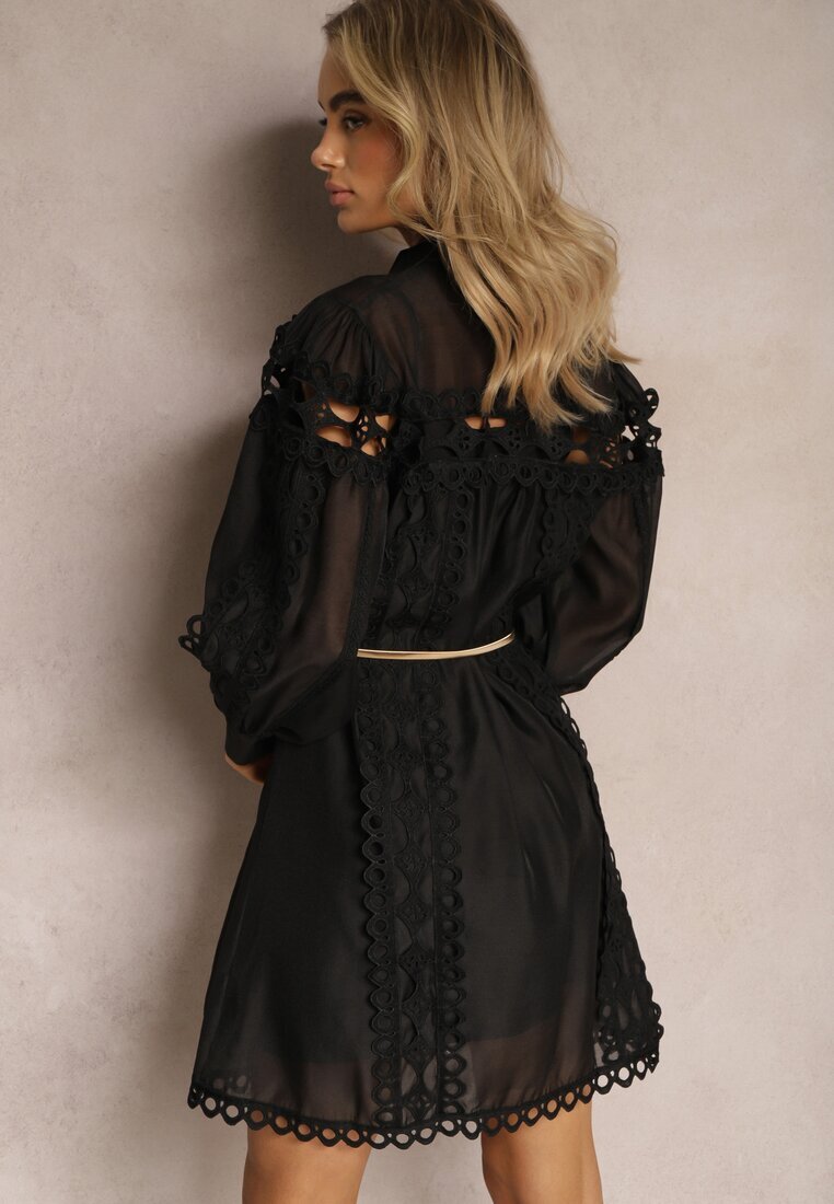 lovery Rochie tip cămașă Neagră Mini cu Centură Decorată cu Dantelă din Organdi