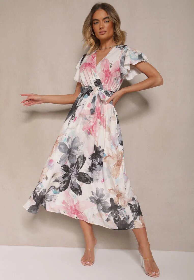 lovery Rochie tip plic cu cordon cu imprimeu floral Alb-Negru Redellira