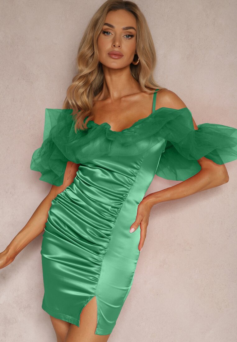 lovery Rochie Verde de Satin cu volane de tul și încrețituri pe bretele Tinamell