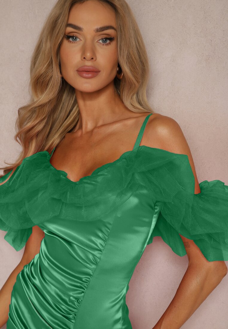 lovery Rochie Verde de Satin cu volane de tul și încrețituri pe bretele Tinamell