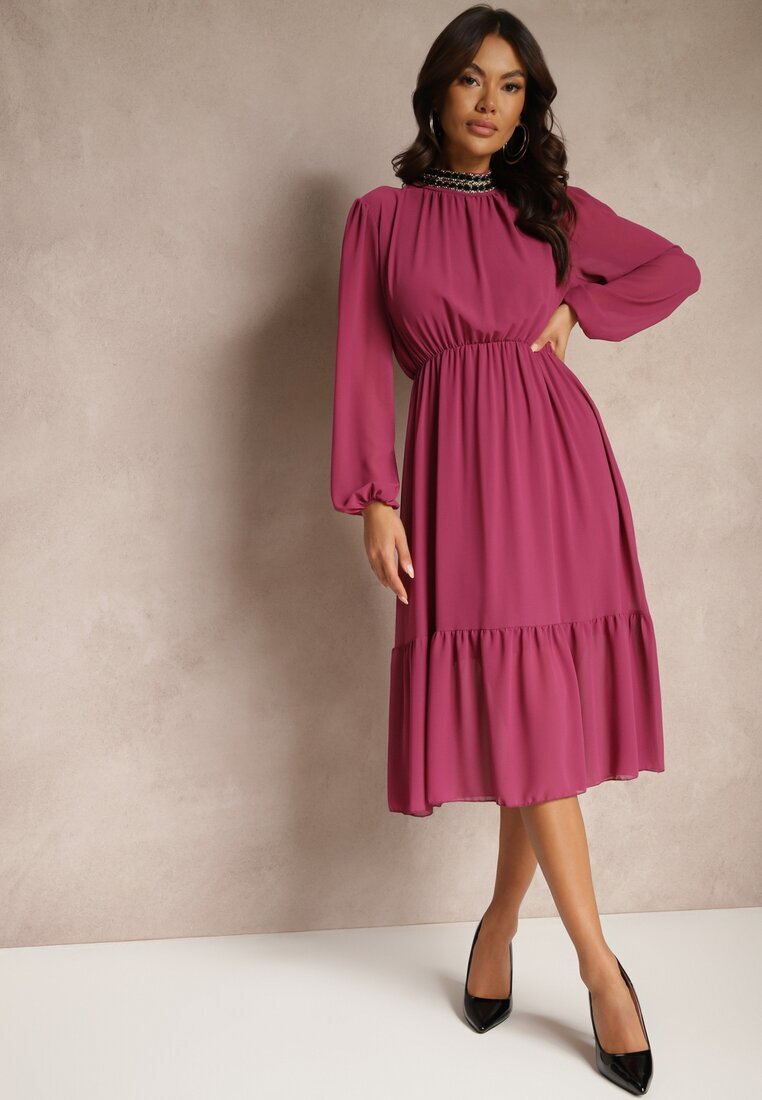 lovery Rochie Violet cu Aplicații cu guler înalt și cu Elastic în Talie Lilora